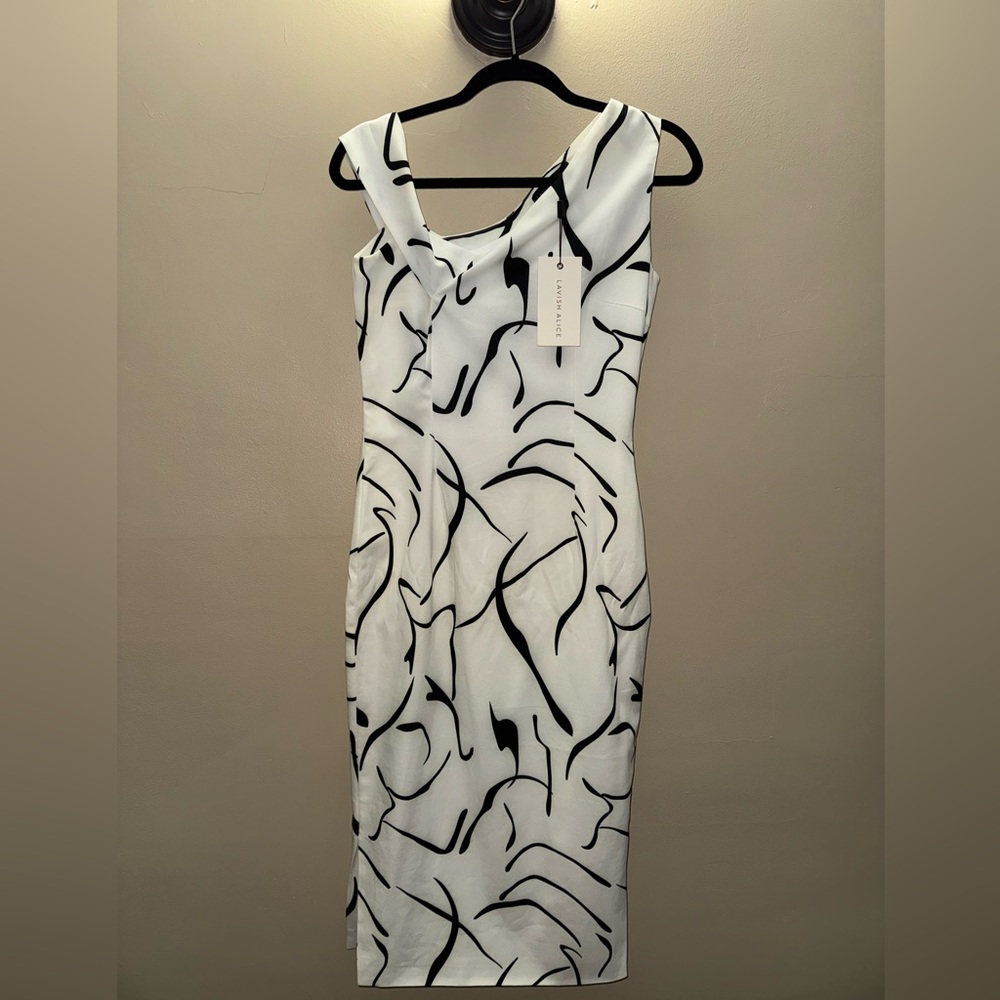 Lavish Alice White Midi Dress with Black Abstract Print